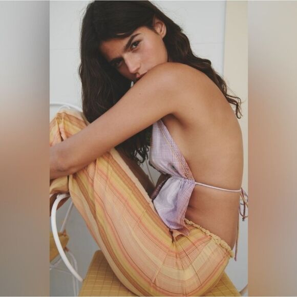 Zara Tan Pink Sleeveless Halter Plunging Beaded Embroidered Open Back Top Sz XL - Picture 4 of 11